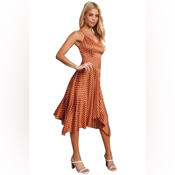 Lulu's Bellamy Rust Brown Polka Dot Backless Handkerchief Dress - Picture 2 of 13